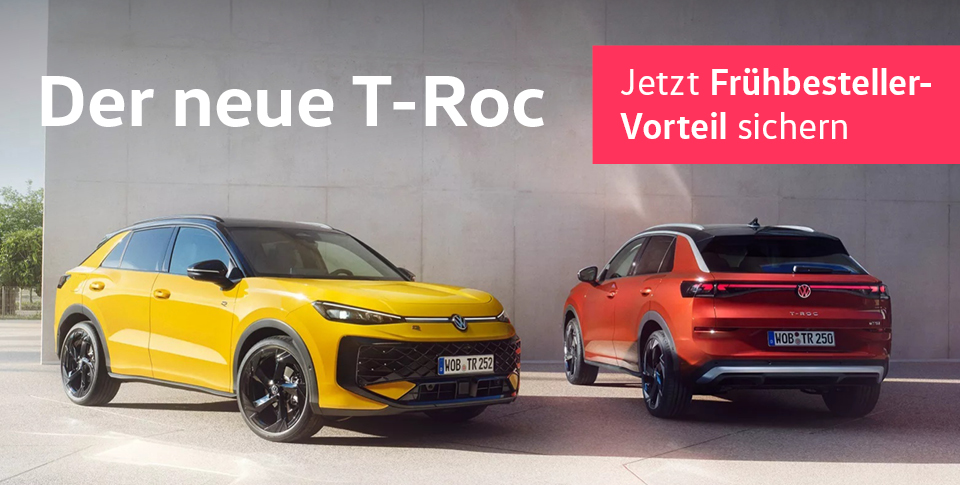 Frontansicht eine gelben VW T-Roc und Heckansicht eine roten T-Roc vor Betonwand. "Jetzt Fr&uuml;hbuchervorteil sichern"