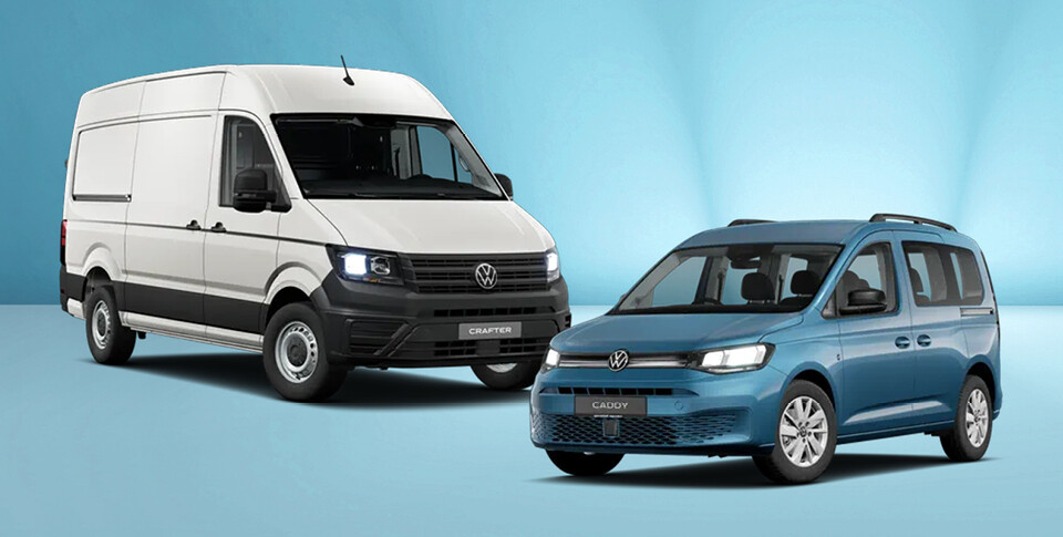 wei&szlig;er Crafter und Caddy in Costa Azul Metallic vor t&uuml;rkisfarbenem Hintergrund