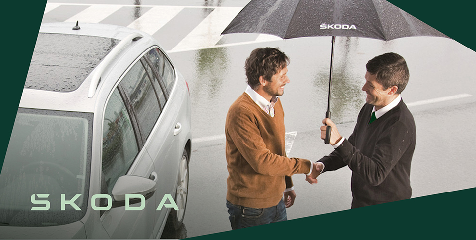 Ein Kundenberater &uuml;bergibt einen Skoda an einen zufriedenen Kunden