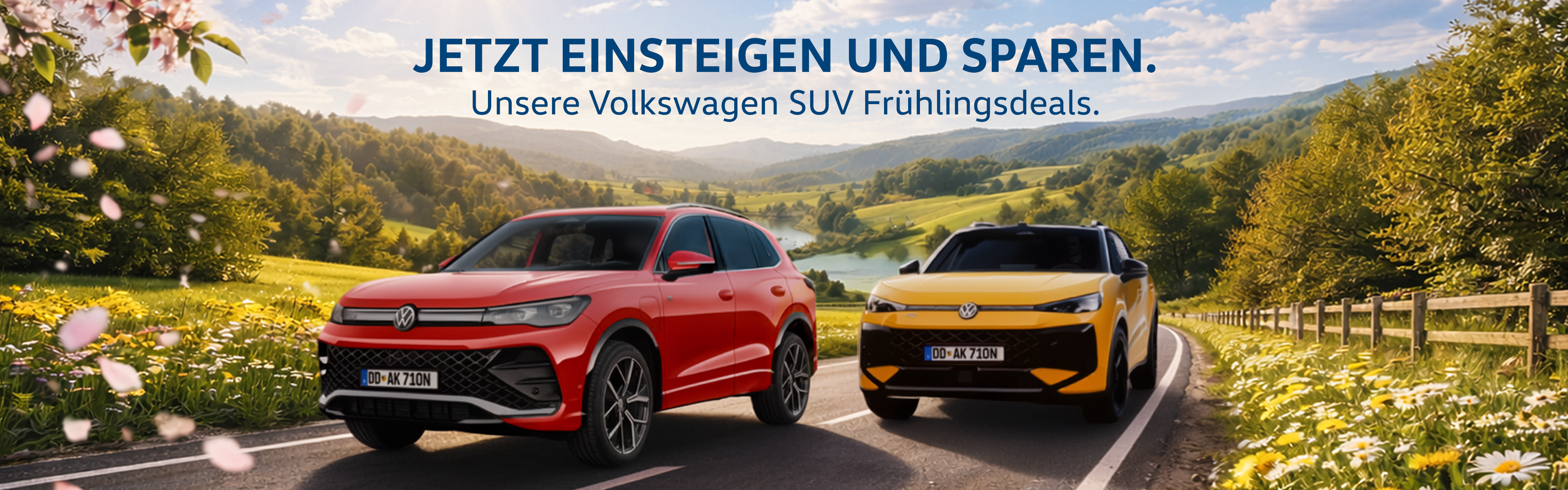 Ein Tiguan und T-Roc in einer fr&uuml;hlingshaften Umgebung