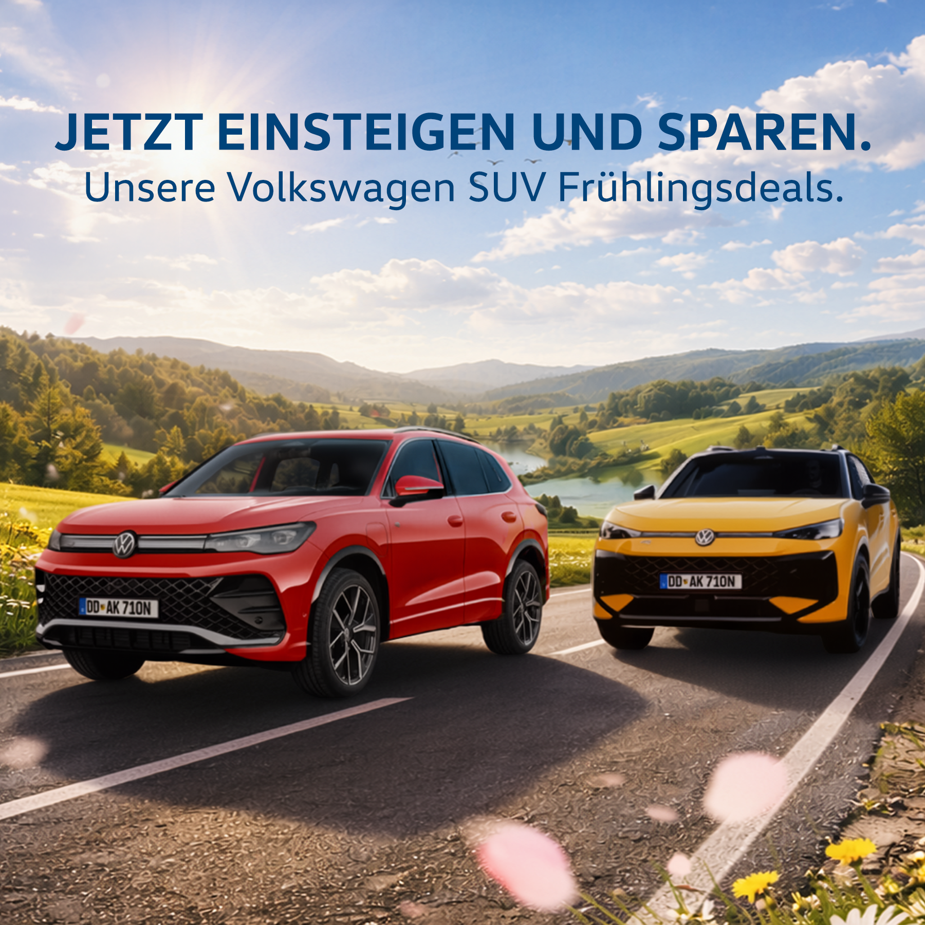 Ein Tiguan und T-Roc in einer fr&uuml;hlingshaften Umgebung