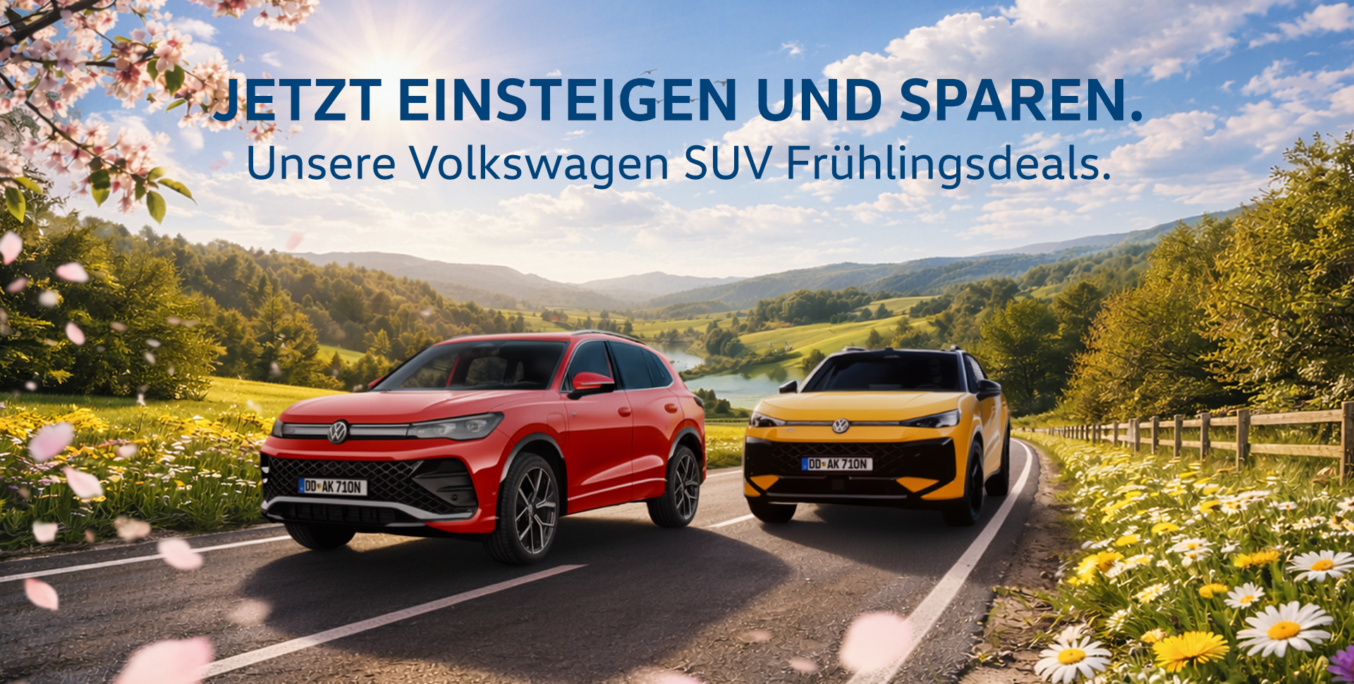 Ein Tiguan und T-Roc in einer fr&uuml;hlingshaften Umgebung