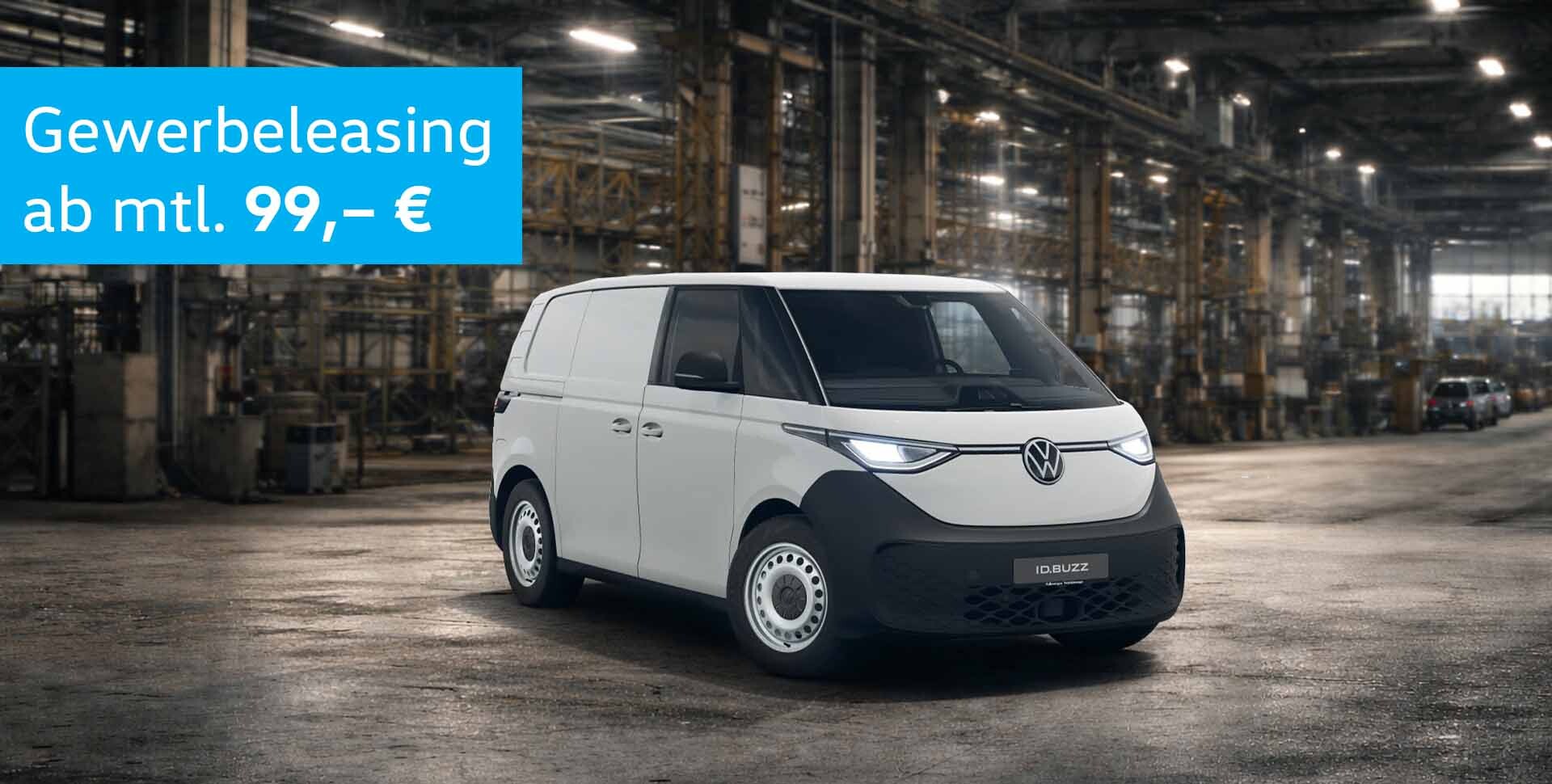 Volkswagen ID. Buzz Cargo Fronansicht in Lagerhalle, St&ouml;rer mit Angebotstext