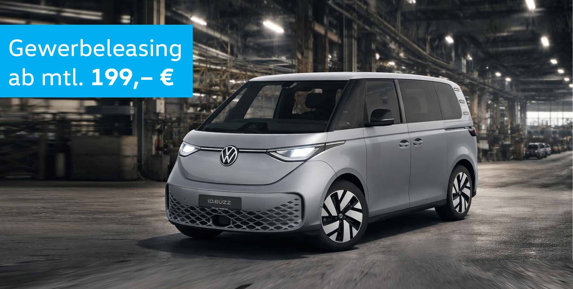 Volkswagen ID. Buzz Pro Fronansicht in Lagerhalle, St&ouml;rer mit Angebotstext