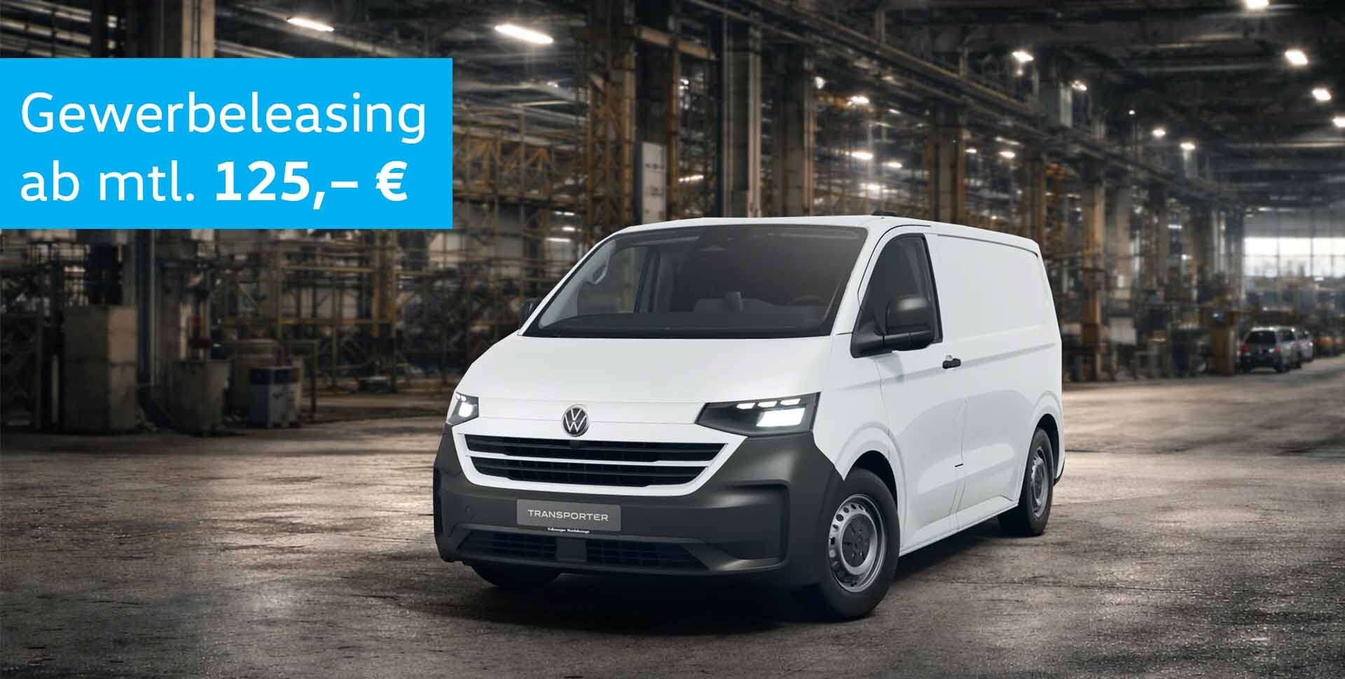 Volkswagen E-Transporter Fronansicht in Lagerhalle, St&ouml;rer mit Angebotstext