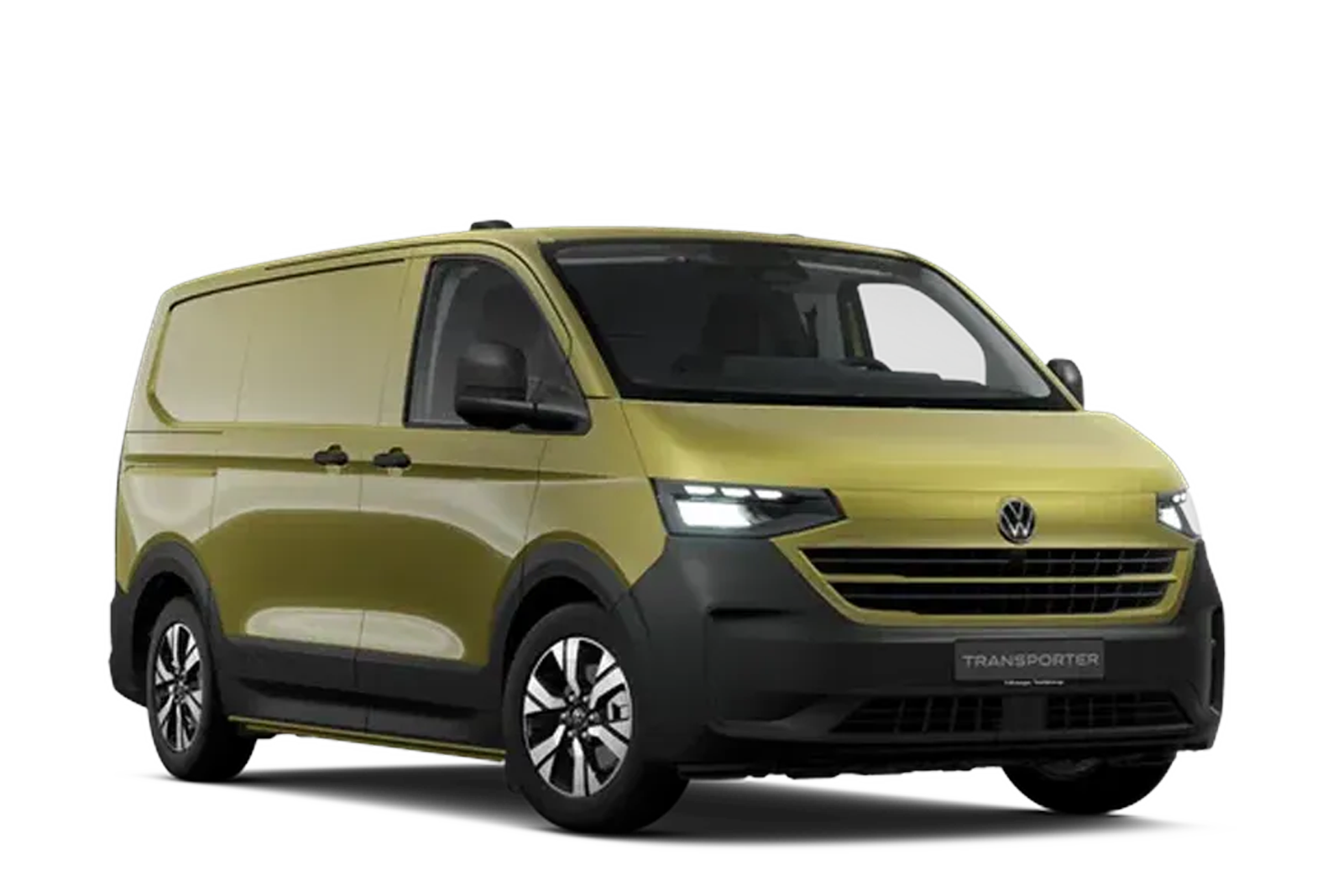 Ein gr&uuml;ner E-Transporter in der Dreiviertelansicht vor wei&szlig;em Hintergrund