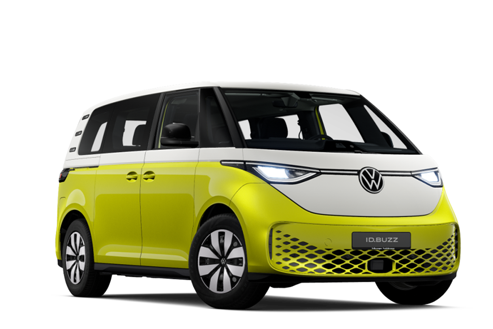 Ein gelb-wei&szlig;er ID. Buzz in der Dreiviertelansicht vor wei&szlig;em Hintergrund